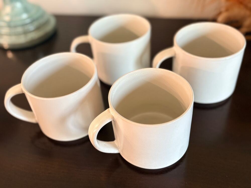 Pottery Barn Mason Mugs Set of 4 White Stoneware Coffee Cups Modern Farmhouse